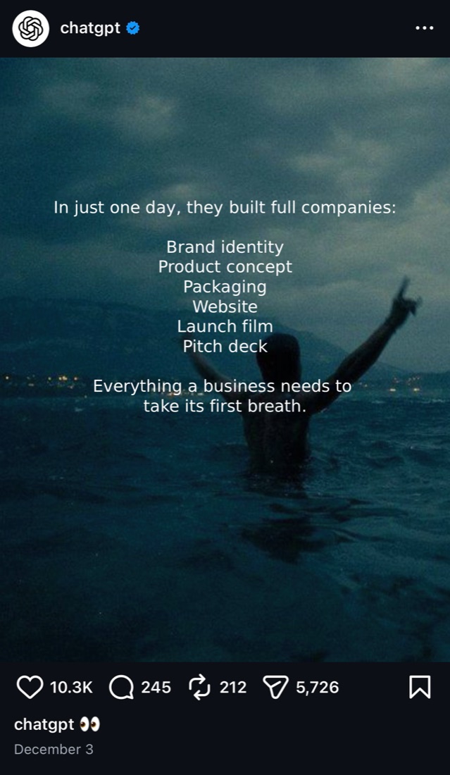 ChatGPT social post about building companies in one day