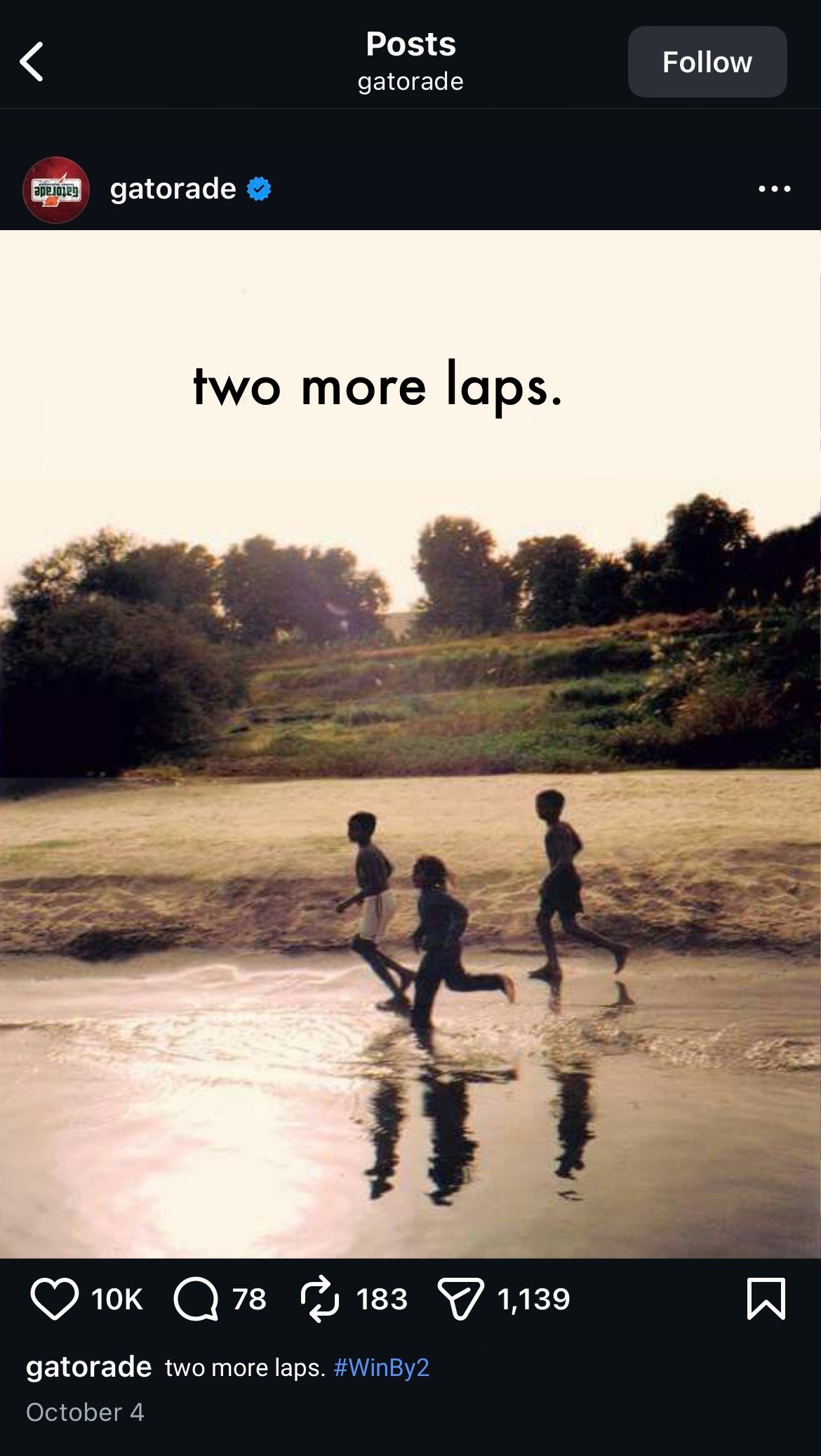 Gatorade Instagram post reading two more laps