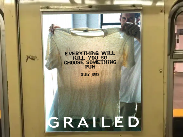 Grailed Stay Ugly shirt ad inside a train