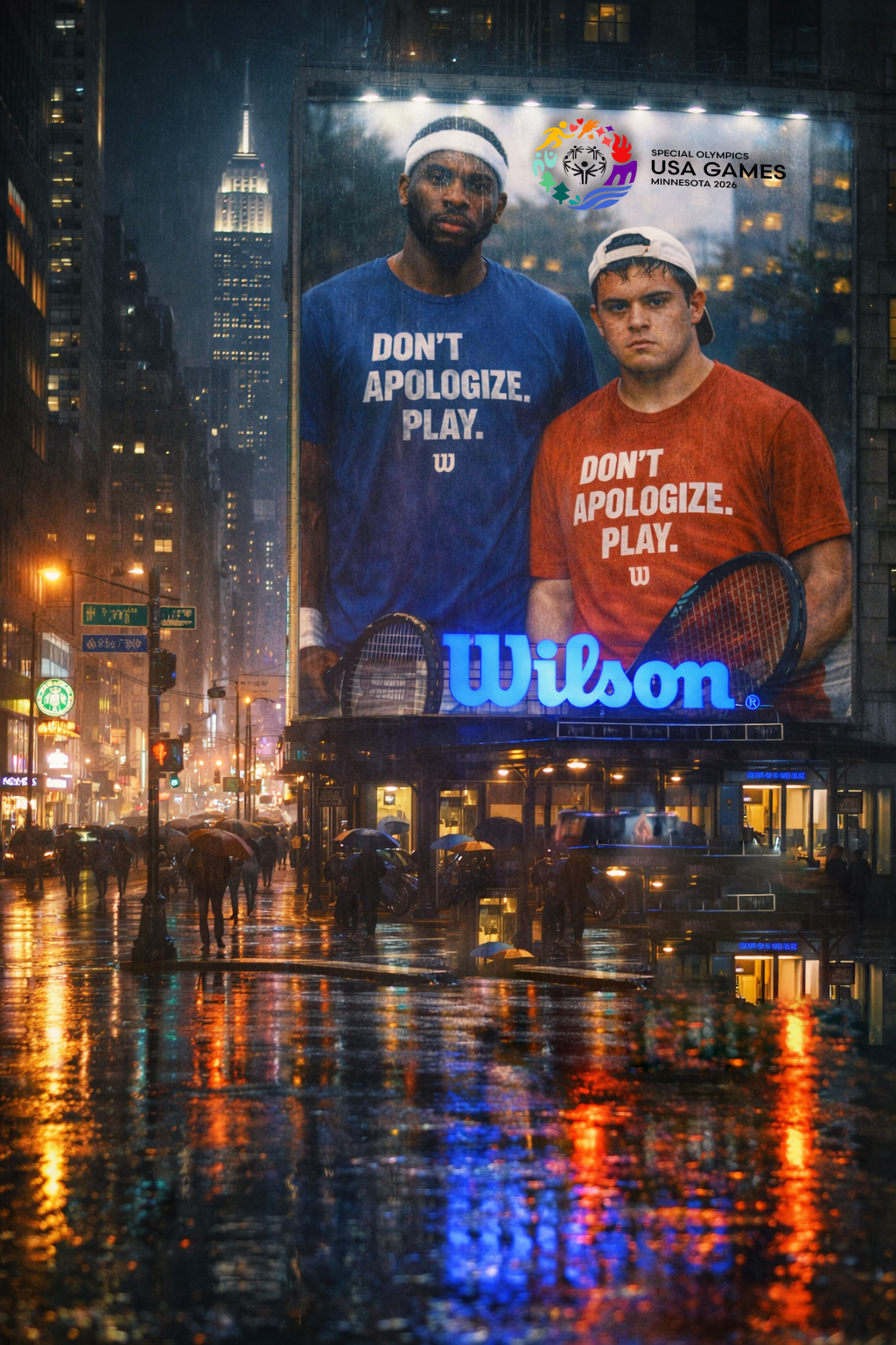 Wilson billboard reading Do Not Apologize Play